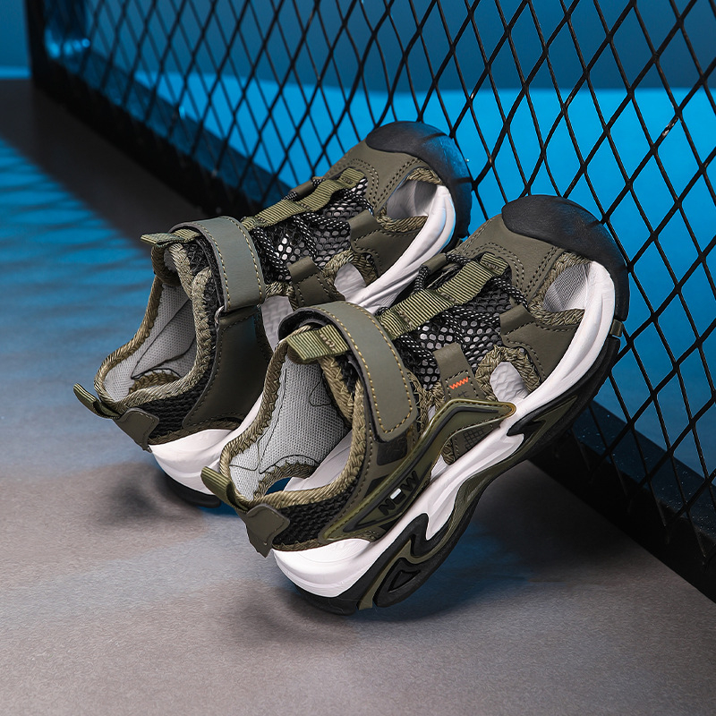 Детски сандали с нос-кап, горнище от каре лента, леки, нехлъзгаща се подметка от TPR, велкро закопчаване, ежедневни обувки