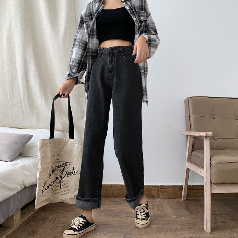Traperice visokog struka, denim, pamuk 70-80%, široke nogavice, korejski stil, jesen 2022