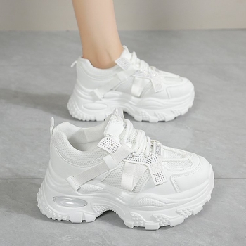 Moteriški sportiniai bateliai su didinamu aukščiu – PU + tinklinas viršus, apvali nosis, plokščias padas, raišteliai