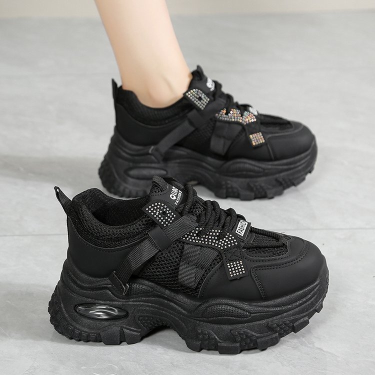 Moteriški sportiniai bateliai su didinamu aukščiu – PU + tinklinas viršus, apvali nosis, plokščias padas, raišteliai