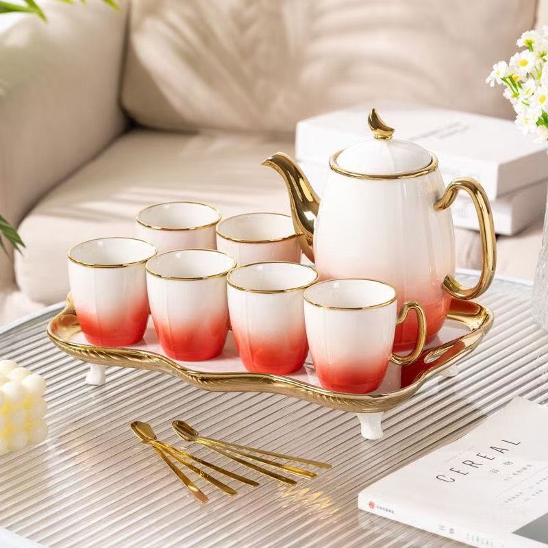 Keramický jedálenský set s kanvičkou, čajovou súpravou a šálkami na čaj, v štýle ľahký luxus