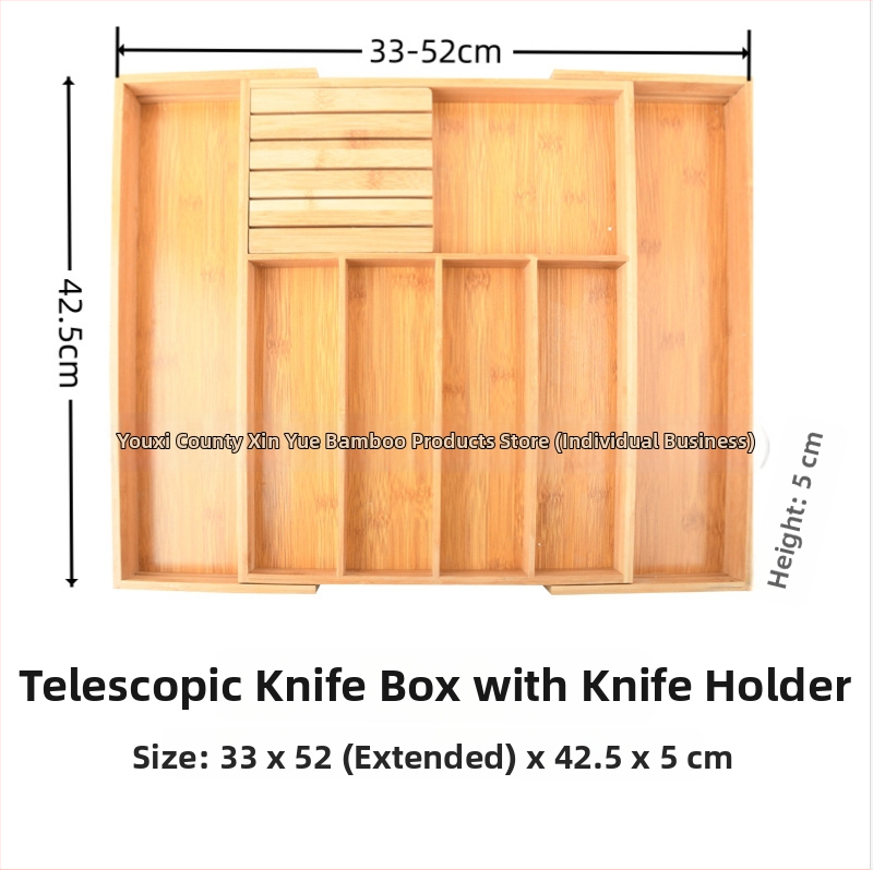 Bambusový organizér do kuchynskej zásuvky na riad s teleskopickým deličom — moderný minimalistický štýl, domáce použitie