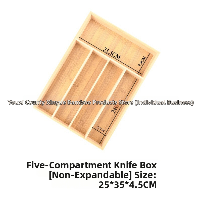 Bambusový organizér do kuchynskej zásuvky na riad s teleskopickým deličom — moderný minimalistický štýl, domáce použitie