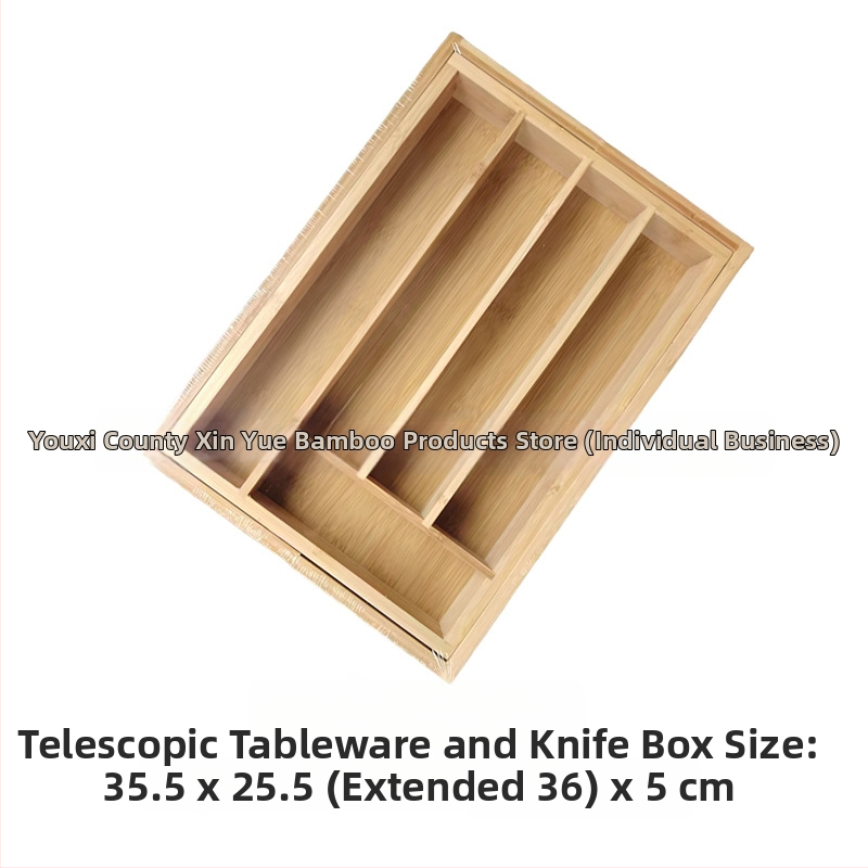 Bambusový organizér do kuchynskej zásuvky na riad s teleskopickým deličom — moderný minimalistický štýl, domáce použitie