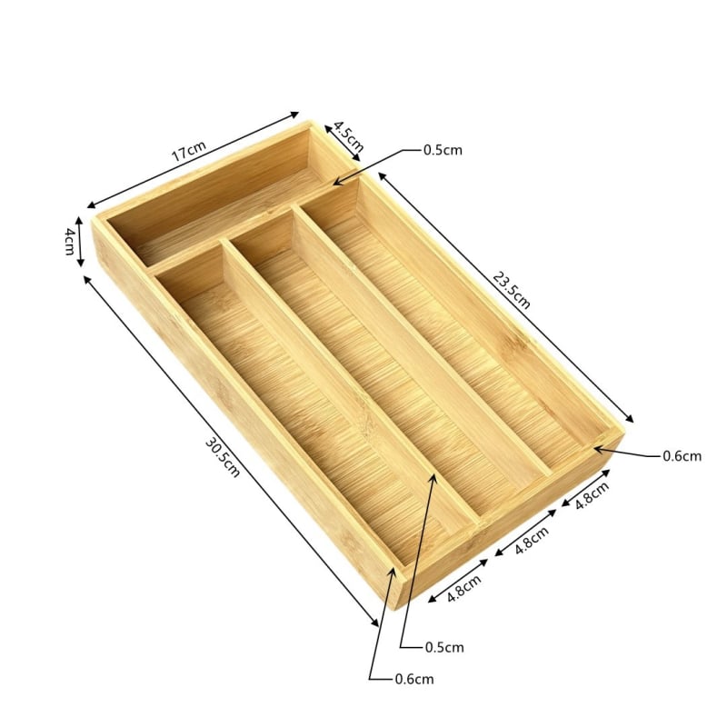 Bambusový organizér do kuchynskej zásuvky na riad s teleskopickým deličom — moderný minimalistický štýl, domáce použitie