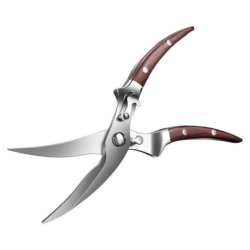 Viacfunkčné kuchynské nožnice na kosti kuracie s čepeľami z 430 nerezovej ocele a drevenou rúčkou, značka AKL, možnosť súkromného označenia, uvedenie na trh 2024