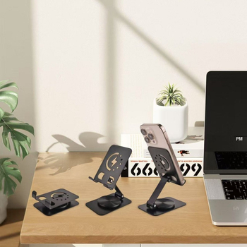 Suport de birou pentru telefon și tabletă, rotativ și pliere; materiale: ABS, gel de siliciu, aliaj de aluminiu, placă din oțel carbon; compatibil cu telefoane și tablete