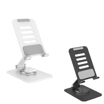 Suport de birou pentru telefon și tabletă, rotativ și pliere; materiale: ABS, gel de siliciu, aliaj de aluminiu, placă din oțel carbon; compatibil cu telefoane și tablete