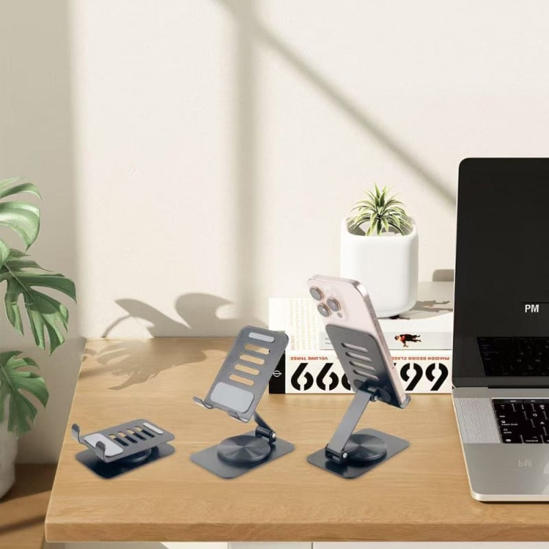 Suport de birou pentru telefon și tabletă, rotativ și pliere; materiale: ABS, gel de siliciu, aliaj de aluminiu, placă din oțel carbon; compatibil cu telefoane și tablete
