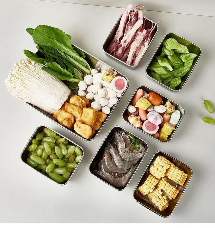 Nerezová oceľová obdĺžniková nádoba do chladničky s viečkom, tesniaca na uskladnenie potravín