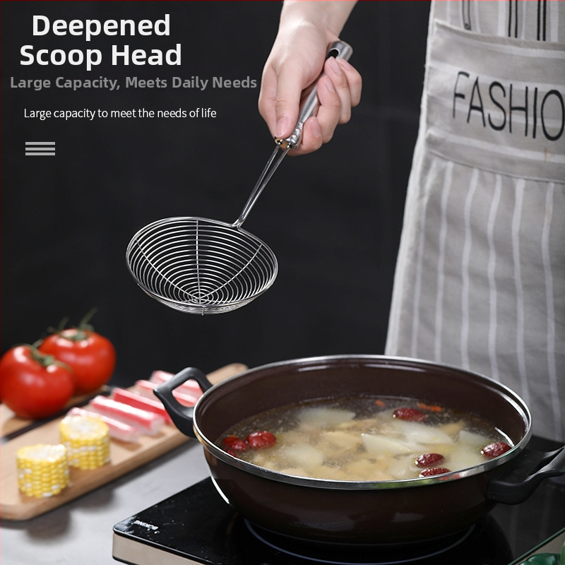 Pengxin 304 nerūsējošā tērauda virtuves palīgs filtrēšanai un cepšanai — liels siets ar eļļas režģi un nūdeles karote