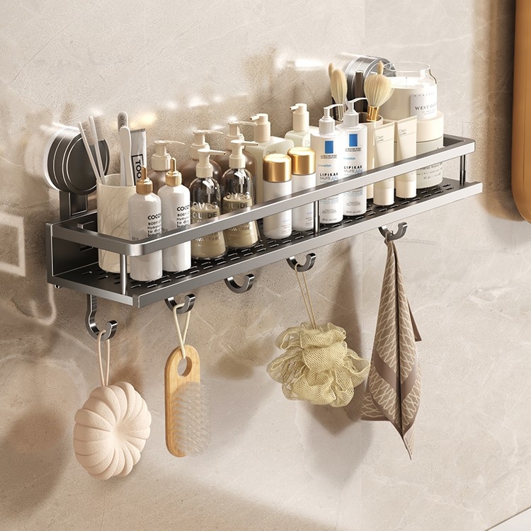 Zidni organizator kupaonice sa usisnom čašom - aluminij, 1 polica