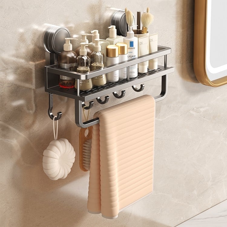 Zidni organizator kupaonice sa usisnom čašom - aluminij, 1 polica