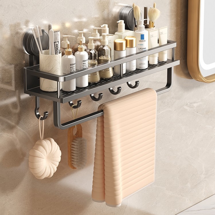 Zidni organizator kupaonice sa usisnom čašom - aluminij, 1 polica