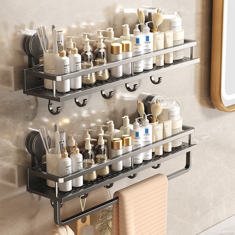 Zidni organizator kupaonice sa usisnom čašom - aluminij, 1 polica