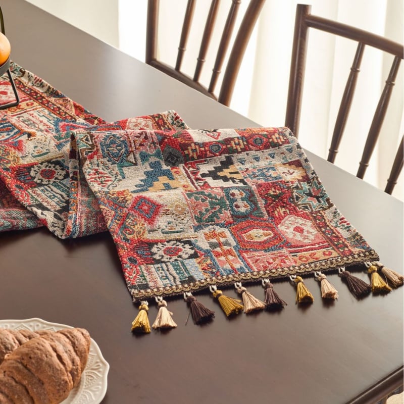 Σημαία τραπεζιού, εθνοτικό στυλ, μοτίβο φυτών και λουλουδιών, μείγμα πολυεστέρα-βαμβακιού, 70% βαμβάκι