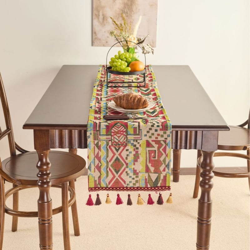 Σημαία τραπεζιού, εθνοτικό στυλ, μοτίβο φυτών και λουλουδιών, μείγμα πολυεστέρα-βαμβακιού, 70% βαμβάκι