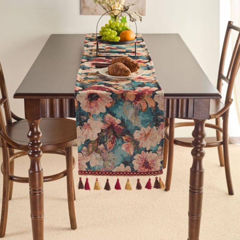 Σημαία τραπεζιού, εθνοτικό στυλ, μοτίβο φυτών και λουλουδιών, μείγμα πολυεστέρα-βαμβακιού, 70% βαμβάκι