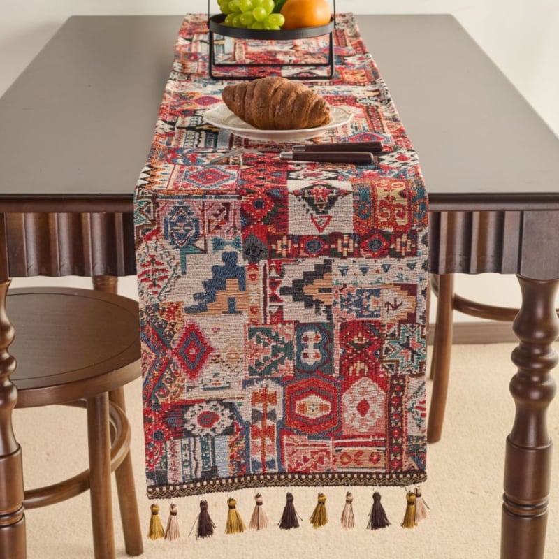 Σημαία τραπεζιού, εθνοτικό στυλ, μοτίβο φυτών και λουλουδιών, μείγμα πολυεστέρα-βαμβακιού, 70% βαμβάκι