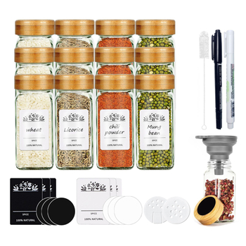Sada sklenených fľaštičiek na korenie s tvarom štvorca a kruhu, viečka z nehrdzavejúcej ocele, vzduchotesne uzavreté pre čerstvosť