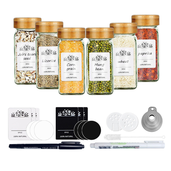 Sada sklenených fľaštičiek na korenie s tvarom štvorca a kruhu, viečka z nehrdzavejúcej ocele, vzduchotesne uzavreté pre čerstvosť
