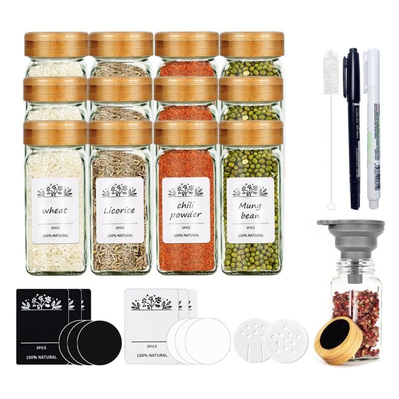Sada sklenených fľaštičiek na korenie s tvarom štvorca a kruhu, viečka z nehrdzavejúcej ocele, vzduchotesne uzavreté pre čerstvosť