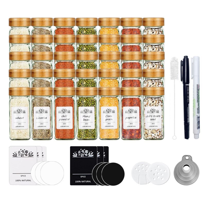 Set staklenih posuda za začine s kvadratnim i okruglim oblikom, poklopci od nehrđajućeg čelika, čvrsto zatvoreno za svježinu