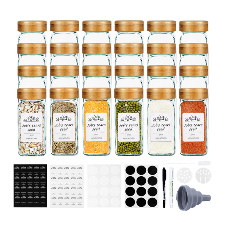 Set staklenih posuda za začine s kvadratnim i okruglim oblikom, poklopci od nehrđajućeg čelika, čvrsto zatvoreno za svježinu