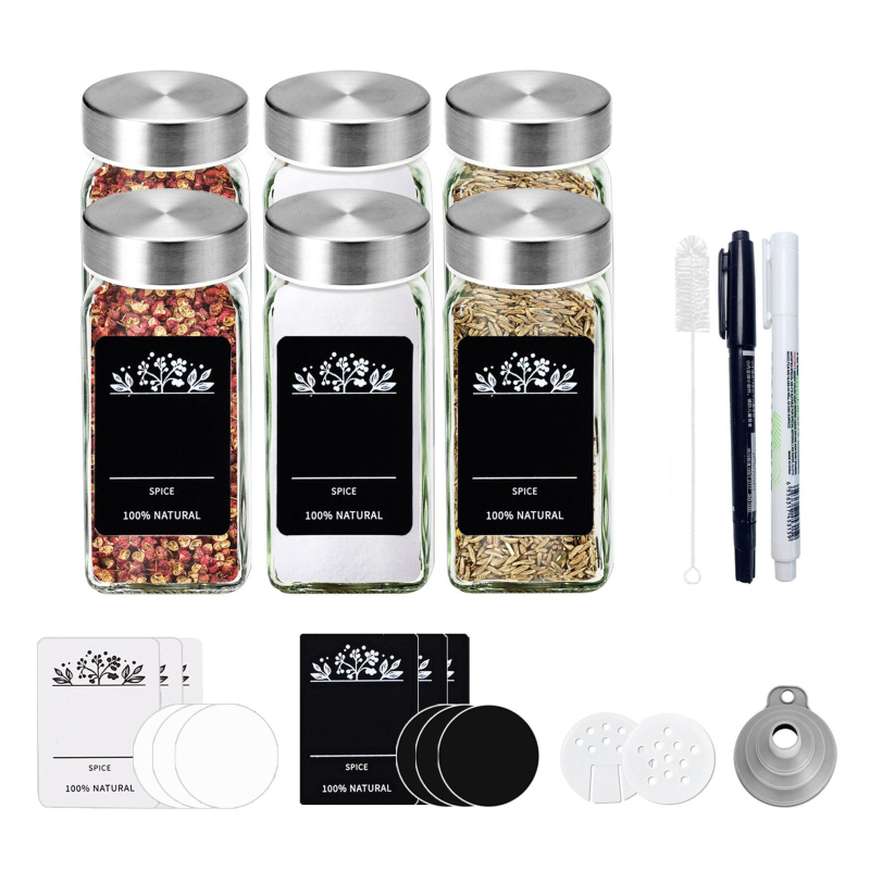 Sada sklenených fľaštičiek na korenie s tvarom štvorca a kruhu, viečka z nehrdzavejúcej ocele, vzduchotesne uzavreté pre čerstvosť