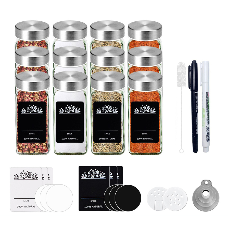 Sada sklenených fľaštičiek na korenie s tvarom štvorca a kruhu, viečka z nehrdzavejúcej ocele, vzduchotesne uzavreté pre čerstvosť