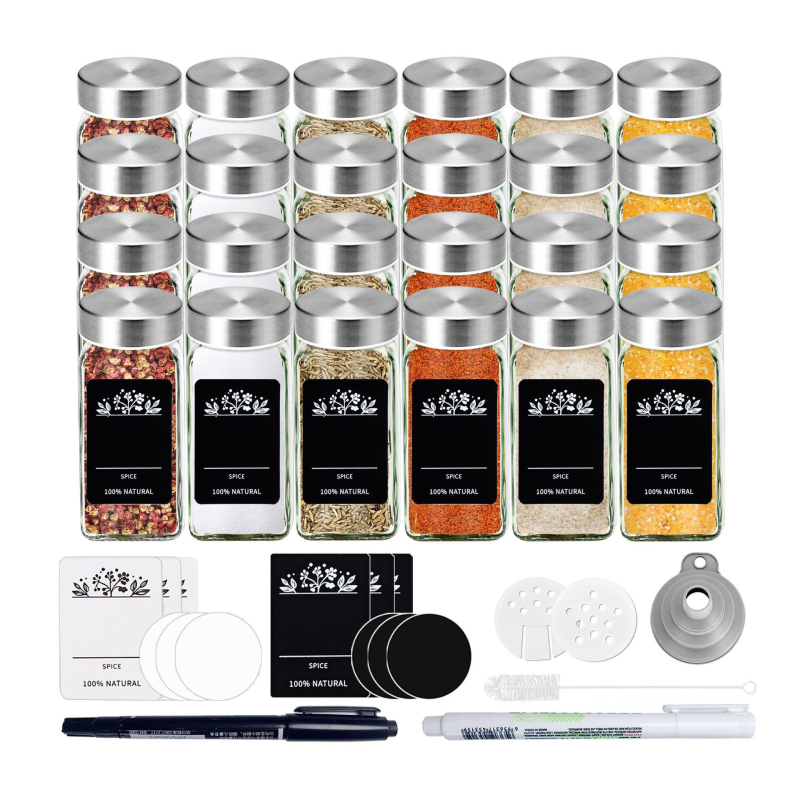 Sada sklenených fľaštičiek na korenie s tvarom štvorca a kruhu, viečka z nehrdzavejúcej ocele, vzduchotesne uzavreté pre čerstvosť