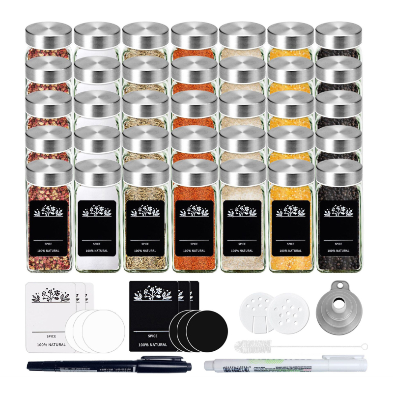 Sada sklenených fľaštičiek na korenie s tvarom štvorca a kruhu, viečka z nehrdzavejúcej ocele, vzduchotesne uzavreté pre čerstvosť