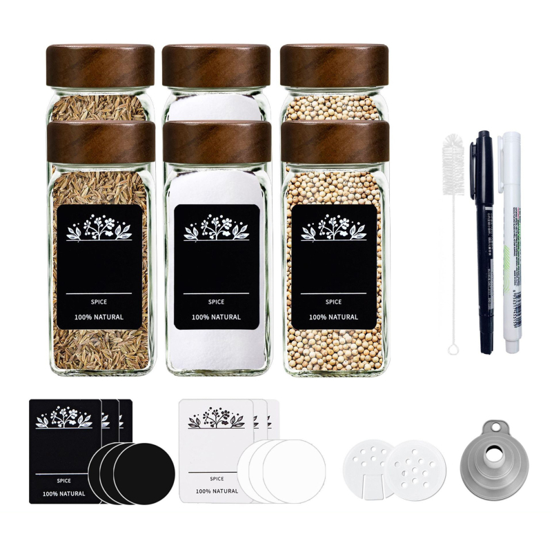 Sada sklenených fľaštičiek na korenie s tvarom štvorca a kruhu, viečka z nehrdzavejúcej ocele, vzduchotesne uzavreté pre čerstvosť