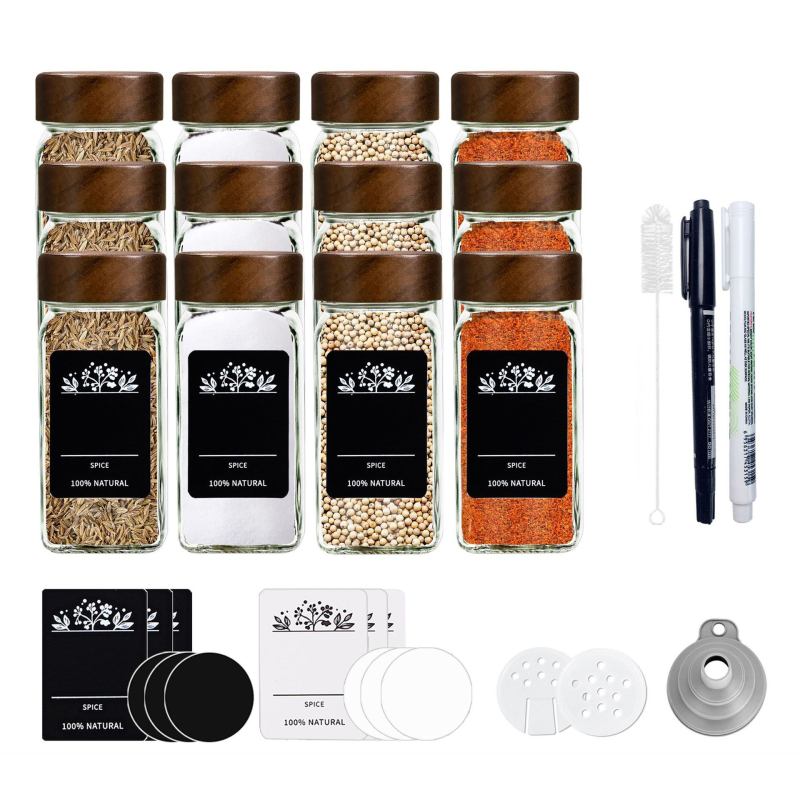Sada sklenených fľaštičiek na korenie s tvarom štvorca a kruhu, viečka z nehrdzavejúcej ocele, vzduchotesne uzavreté pre čerstvosť