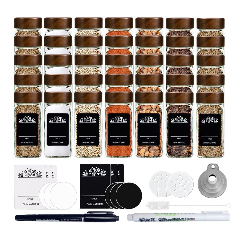 Sada sklenených fľaštičiek na korenie s tvarom štvorca a kruhu, viečka z nehrdzavejúcej ocele, vzduchotesne uzavreté pre čerstvosť