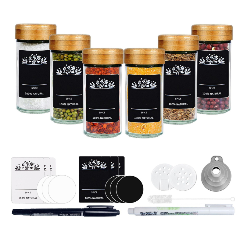 Sada sklenených fľaštičiek na korenie s tvarom štvorca a kruhu, viečka z nehrdzavejúcej ocele, vzduchotesne uzavreté pre čerstvosť
