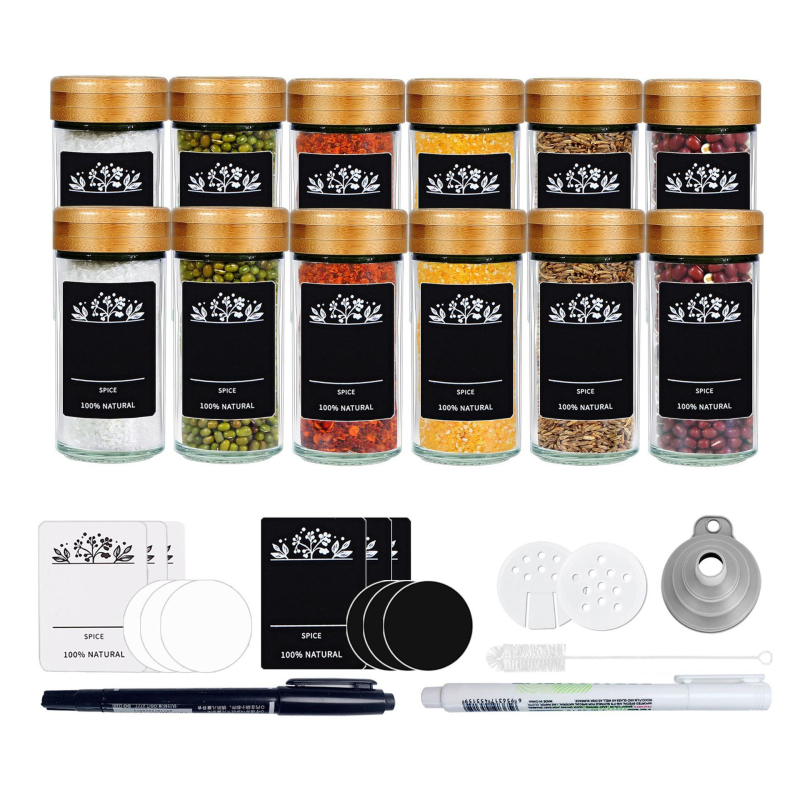Sada sklenených fľaštičiek na korenie s tvarom štvorca a kruhu, viečka z nehrdzavejúcej ocele, vzduchotesne uzavreté pre čerstvosť