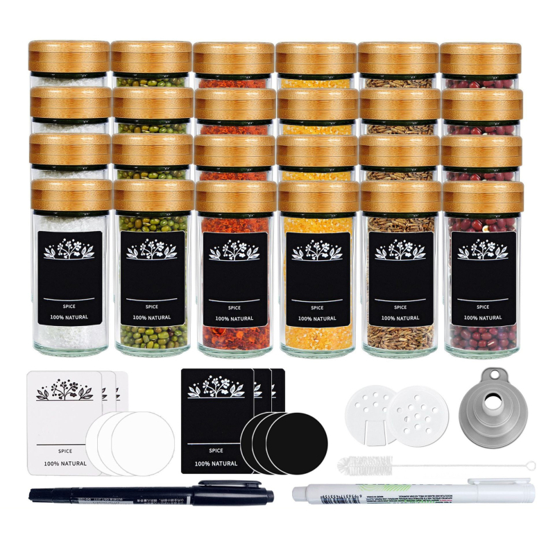 Sada sklenených fľaštičiek na korenie s tvarom štvorca a kruhu, viečka z nehrdzavejúcej ocele, vzduchotesne uzavreté pre čerstvosť