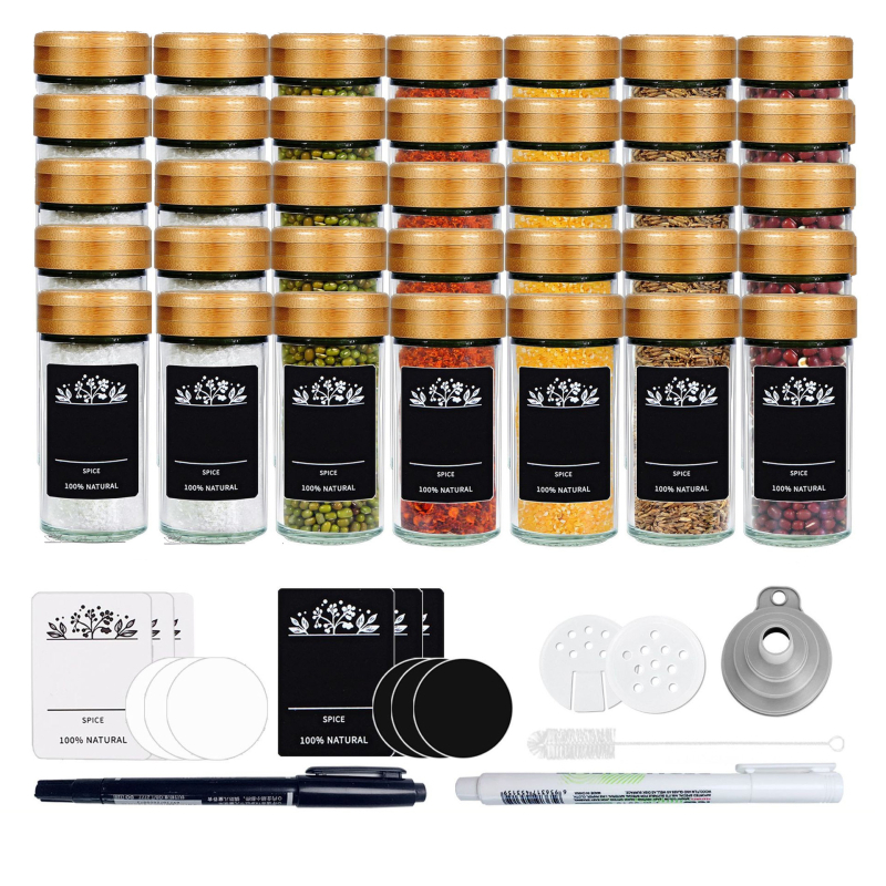 Sada sklenených fľaštičiek na korenie s tvarom štvorca a kruhu, viečka z nehrdzavejúcej ocele, vzduchotesne uzavreté pre čerstvosť