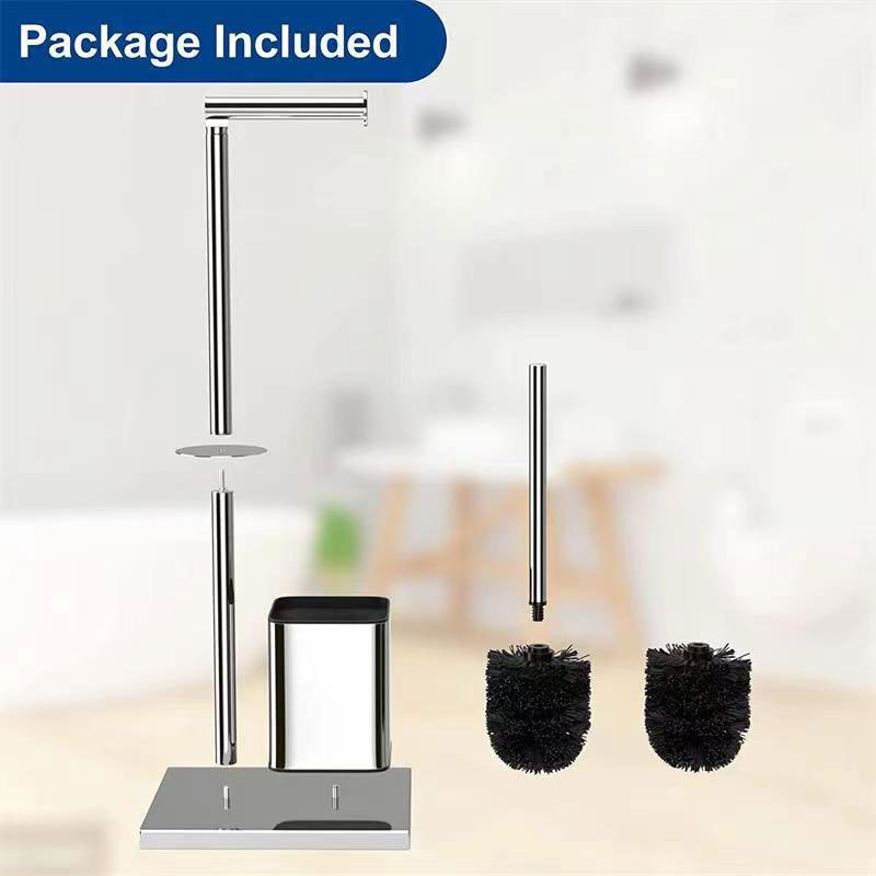 Suport de hârtie igienică pentru podea cu perie de toaletă, oțel inoxidabil, design pătrat, finisaj lucios, stil modern minimalist