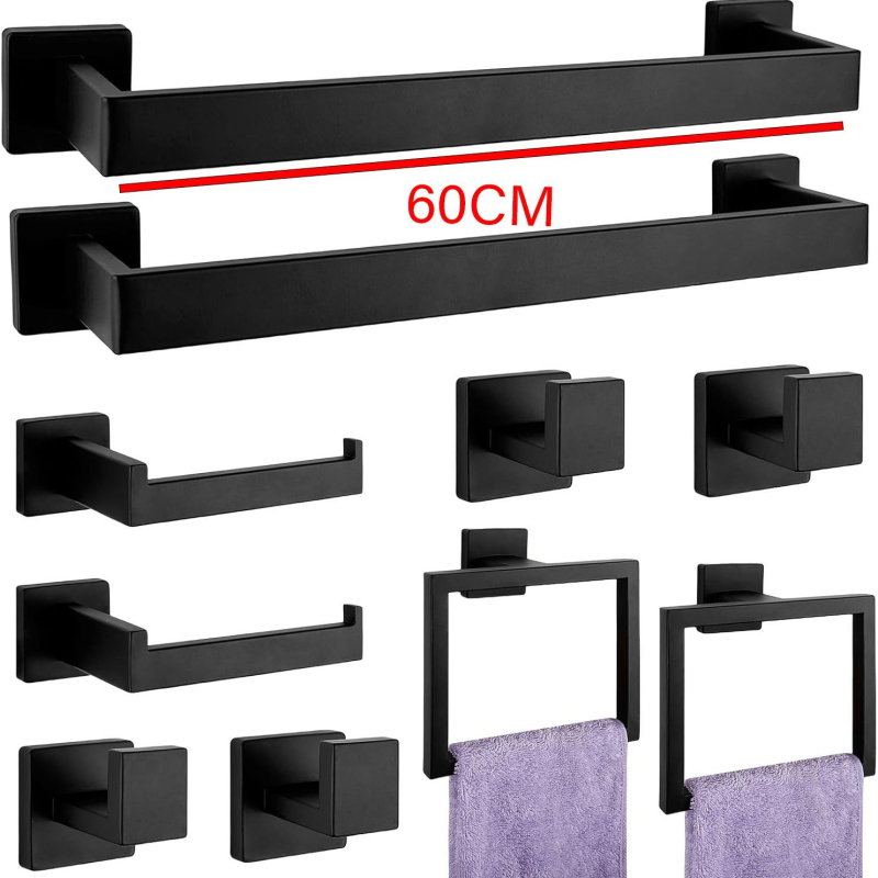 Päťdielny set z nerezovej ocele pre kúpeľňu, držiak na uteráky so štvorhrannou rúrou, s potlačou loga a možnosťou personalizácie