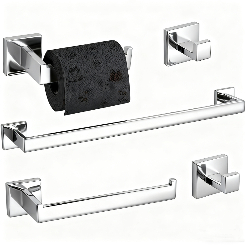 Päťdielny set z nerezovej ocele pre kúpeľňu, držiak na uteráky so štvorhrannou rúrou, s potlačou loga a možnosťou personalizácie
