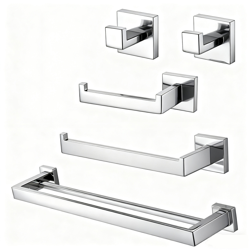 Päťdielny set z nerezovej ocele pre kúpeľňu, držiak na uteráky so štvorhrannou rúrou, s potlačou loga a možnosťou personalizácie
