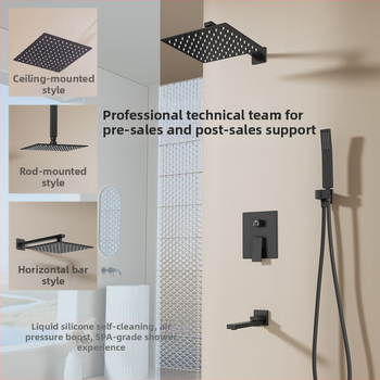 Skrytý sprchový set na stenu — meď; funkcie: postrek, masáž, dažďová sprcha; tvar štvorcový; štýl: moderný minimalistický; ovládanie: dvojitá rukoväť