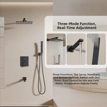 Skrytý sprchový set na stenu — meď; funkcie: postrek, masáž, dažďová sprcha; tvar štvorcový; štýl: moderný minimalistický; ovládanie: dvojitá rukoväť