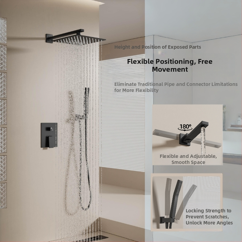 Set de duș încastrat pe perete — cupru; funcții: pulverizare, masaj, ploaie; formă pătrată; stil modern minimalist; control cu două manete