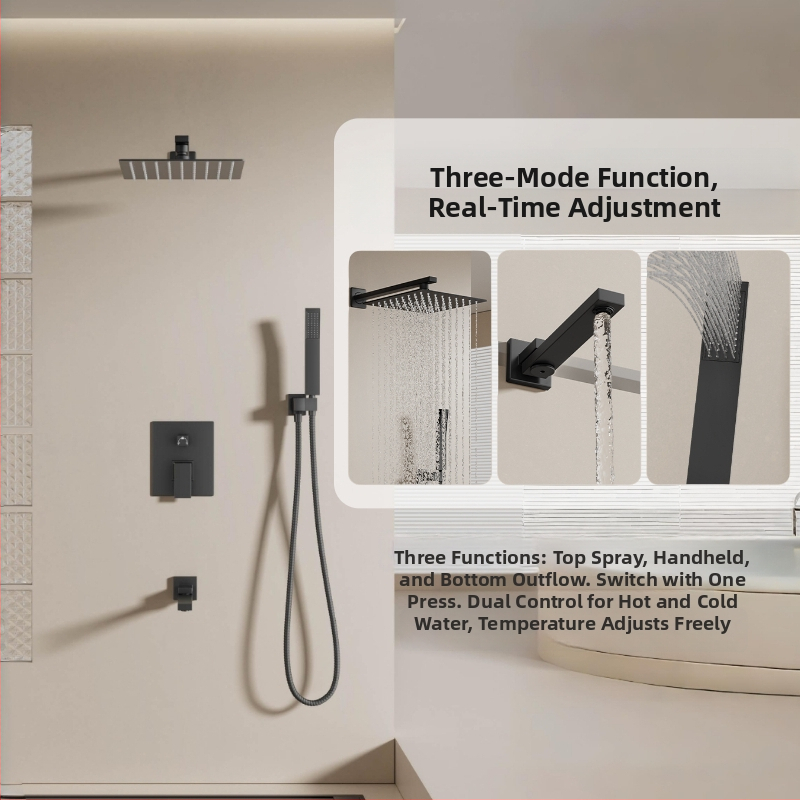 Set de duș încastrat pe perete — cupru; funcții: pulverizare, masaj, ploaie; formă pătrată; stil modern minimalist; control cu două manete