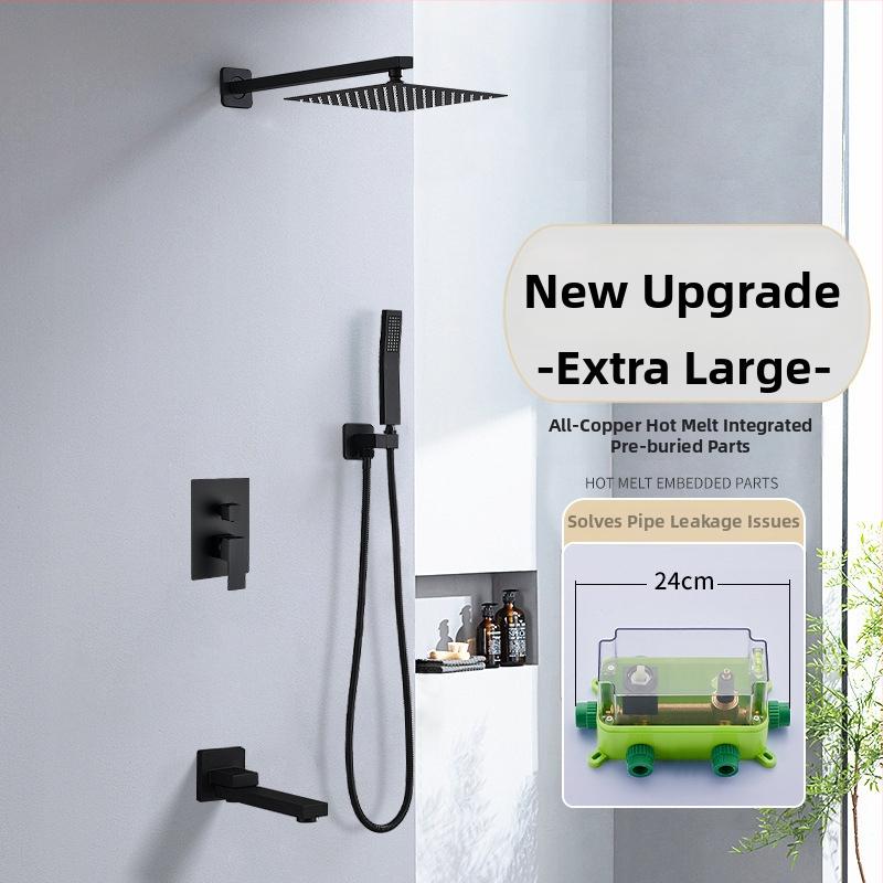 Set de duș încastrat pe perete — cupru; funcții: pulverizare, masaj, ploaie; formă pătrată; stil modern minimalist; control cu două manete