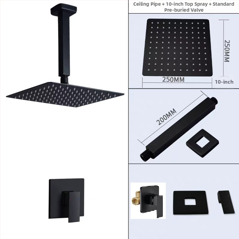 Skrytý sprchový set na stenu — meď; funkcie: postrek, masáž, dažďová sprcha; tvar štvorcový; štýl: moderný minimalistický; ovládanie: dvojitá rukoväť