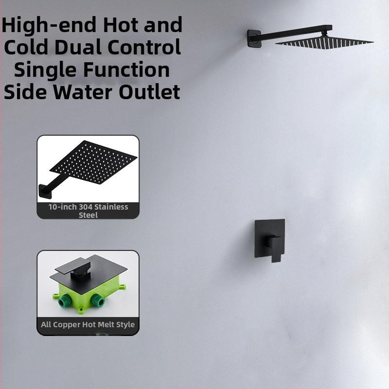 Skrytý sprchový set na stenu — meď; funkcie: postrek, masáž, dažďová sprcha; tvar štvorcový; štýl: moderný minimalistický; ovládanie: dvojitá rukoväť